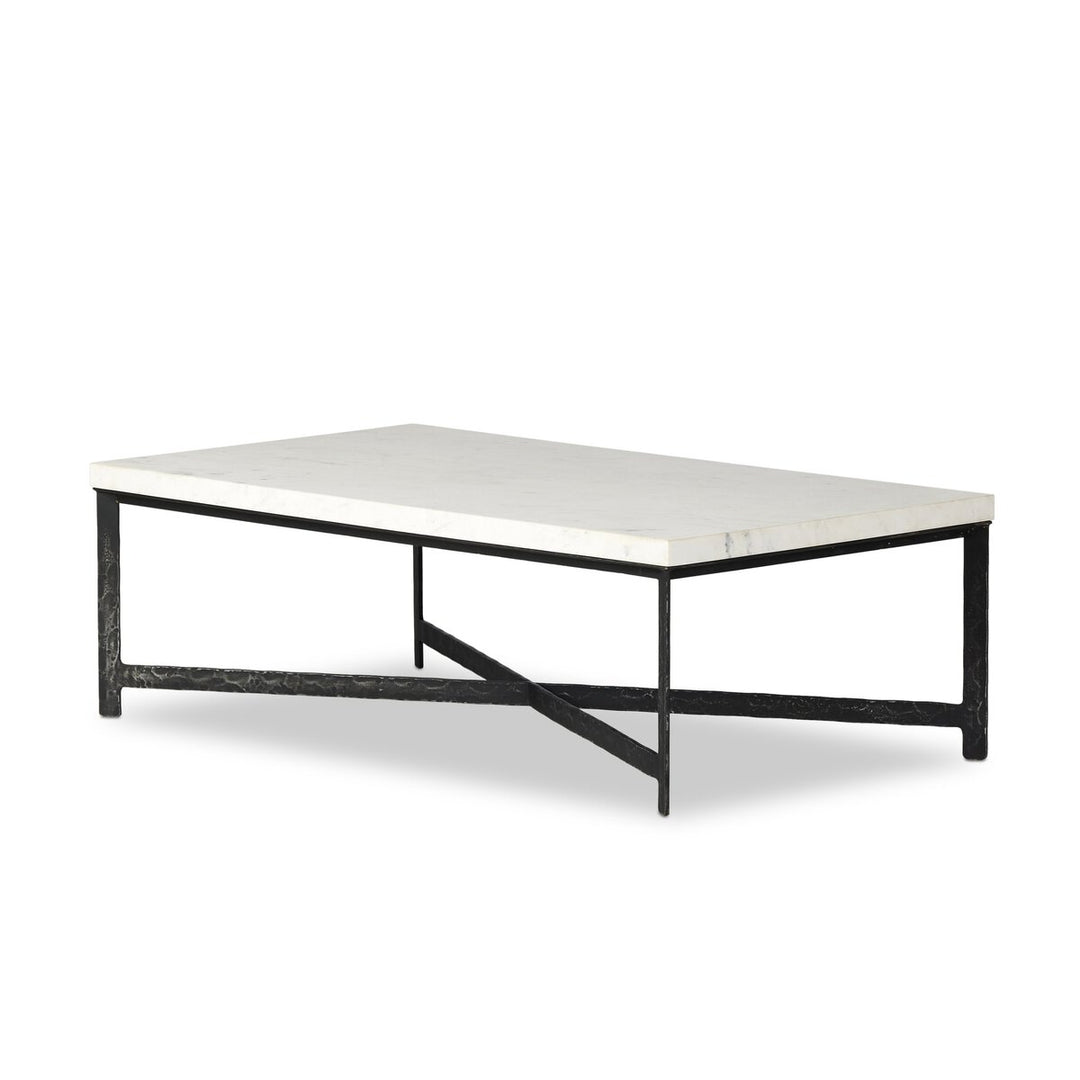 Forged Iron Coffee Table - White Marble - Hammered Black Iron