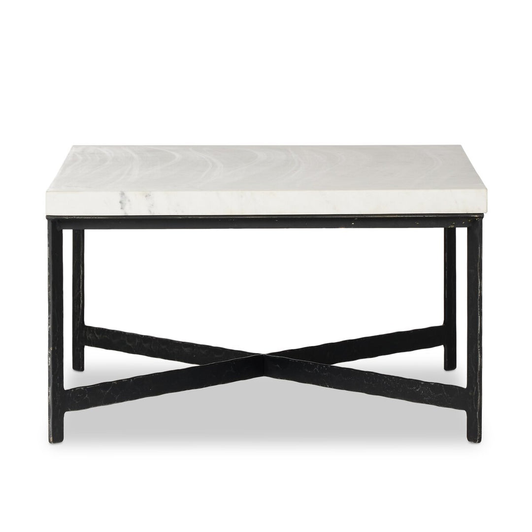 Forged Iron Coffee Table - White Marble - Hammered Black Iron