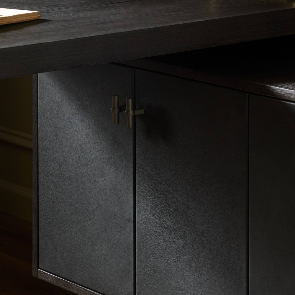 Simon L-Shaped Desk - Worn Black Oak Veneer