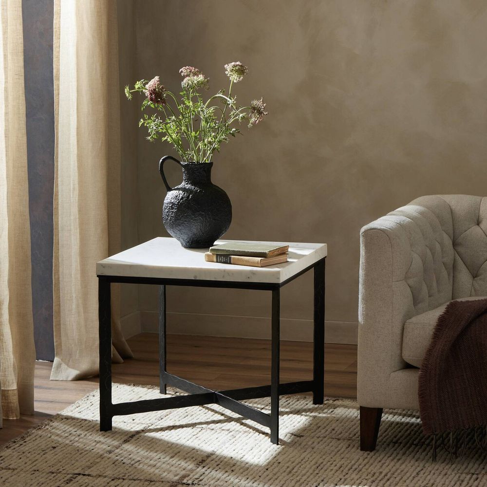 Side Tables Forged Iron End Table - White Marble