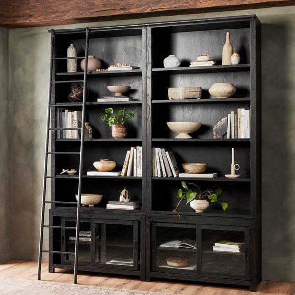 Admont Double Bookcase W/ Ladder - Worn Blk-Four Hands-FH-240932-001-Bookcases & Cabinets-2-France and Son