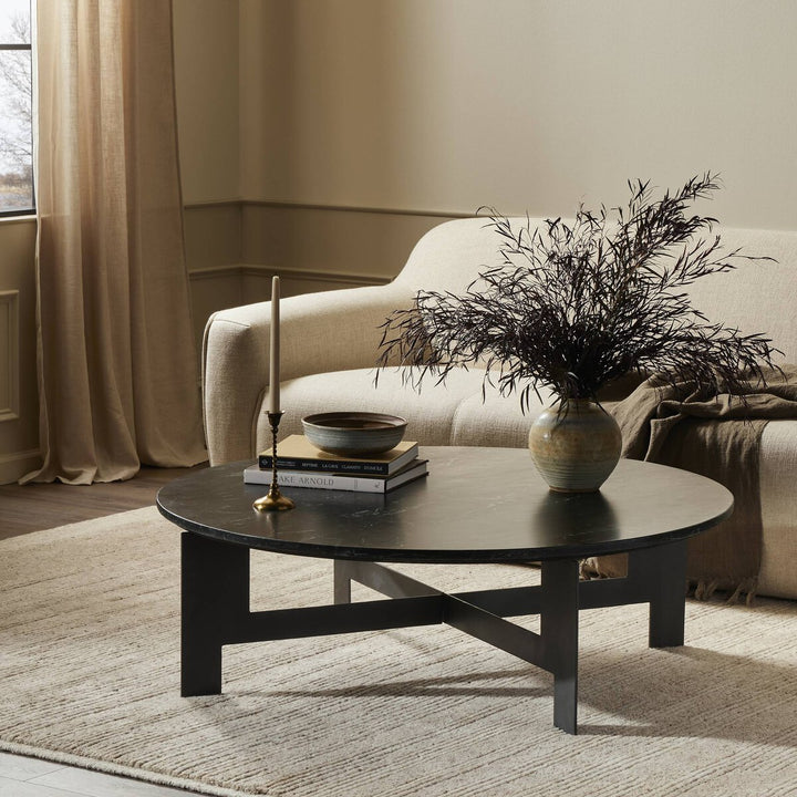 Marble Round Coffee Table With Iron - Black Marble