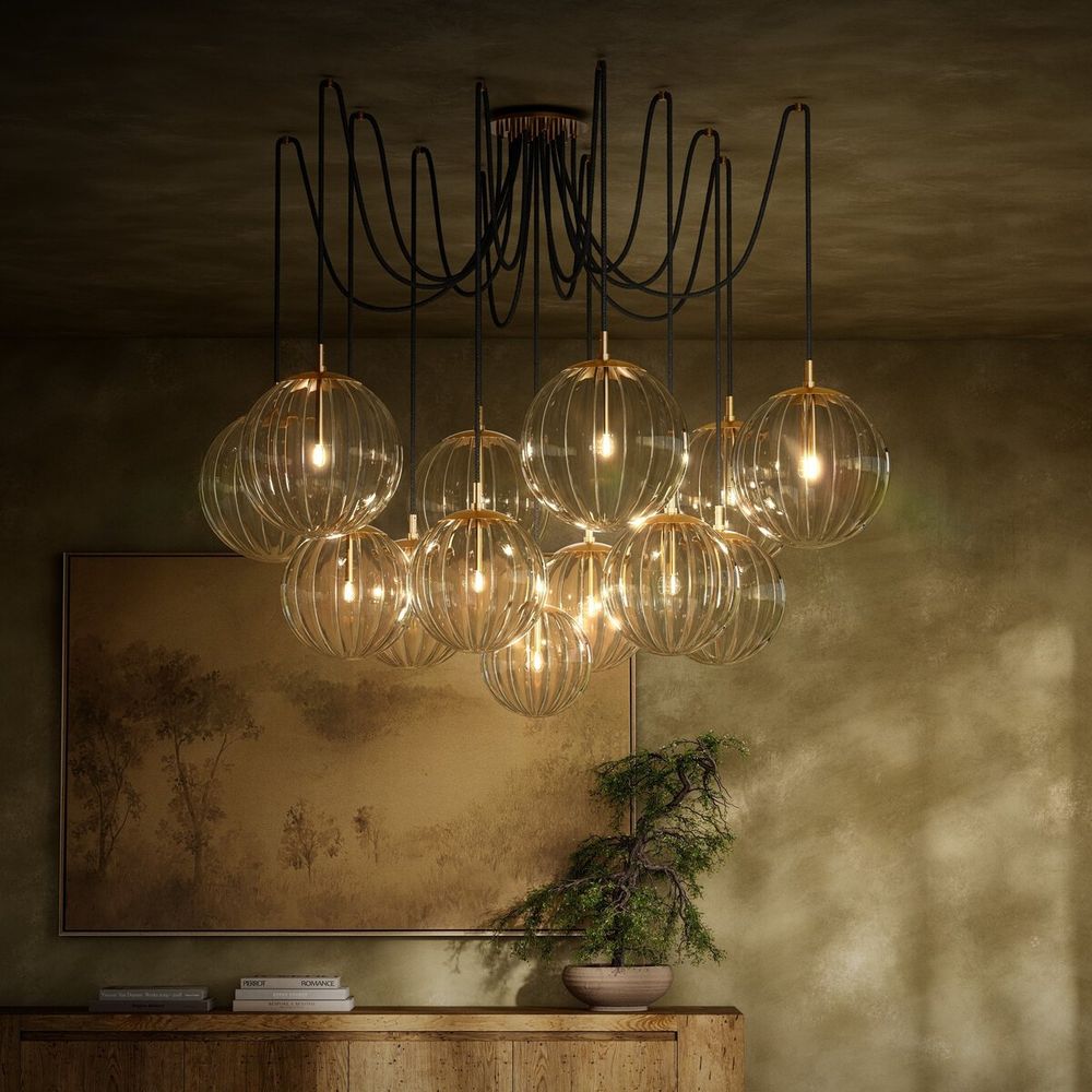 Chandeliers Orbit Chandelier - Burnished Brass - Clear Ribbon Glass