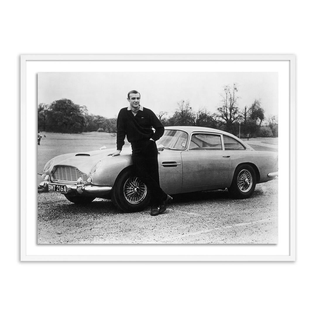 Sean Connery With 00'S Aston Martin - 24"X18" - White Maple