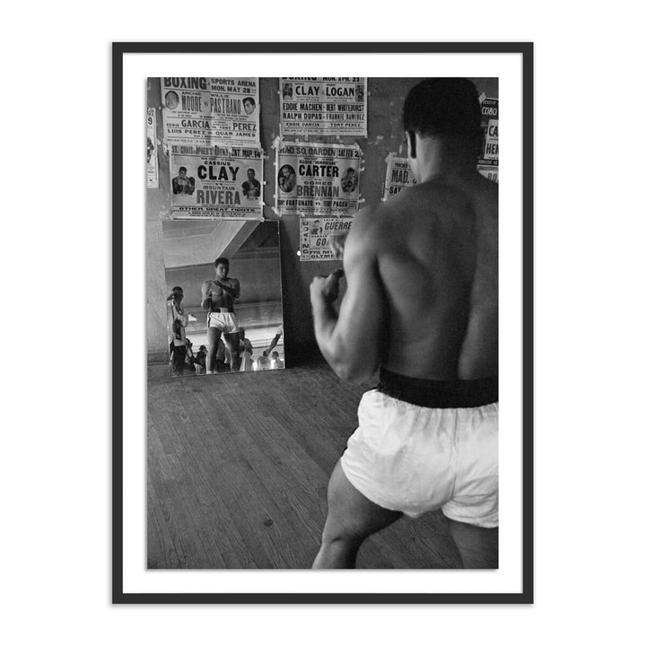 Cassius Clay Watching Himself In A Mirror - 24"X32" - Black Maple