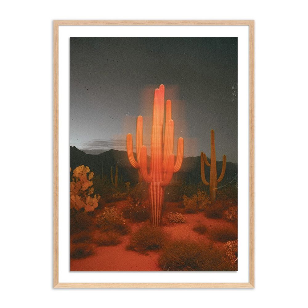 Wall Art Glowing Saguaro By Coup D'Esprit - 24"X32" - White Oak - Framed Paper