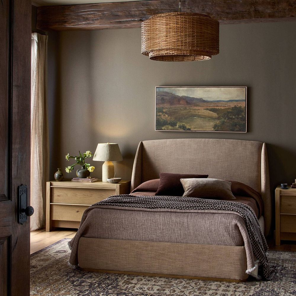 Beds Maeve Upholstered Bed: Laken Taupe - Natural Oak Veneer