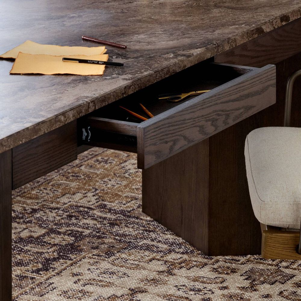 Lawson Desk: Warm Grey Marble - Brown Oak Veneer