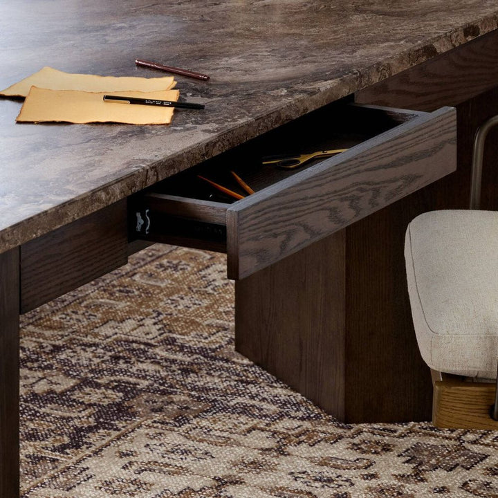 Lawson Desk: Warm Grey Marble - Brown Oak Veneer