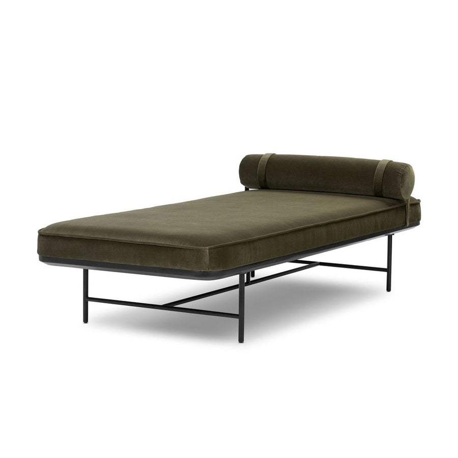 Alternate view of Rakesh Chaise, featuring velvet upholstery, metal, and cylindrical bolster headrest with strap attachments.