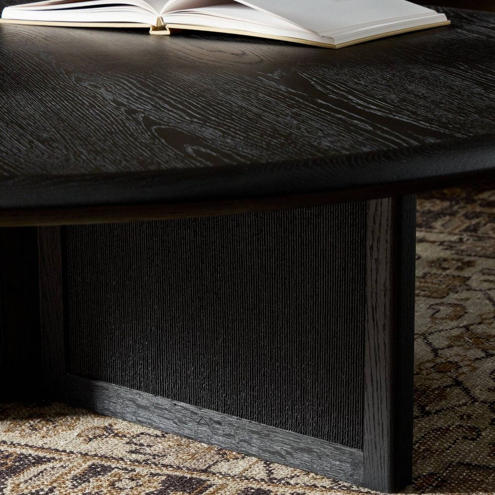 Rosenell Round Coffee Table: Black Oak Veneer - Black Oak Solid - Black Paper Cord