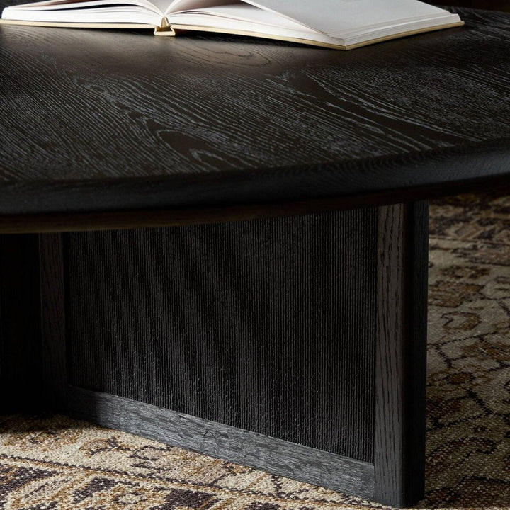 Rosenell Round Coffee Table: Black Oak Veneer - Black Oak Solid - Black Paper Cord