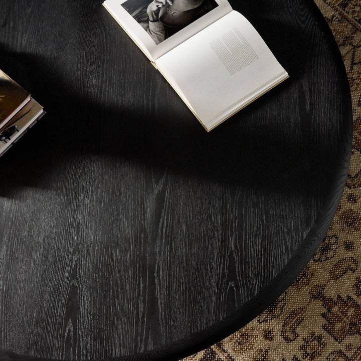 Rosenell Round Coffee Table: Black Oak Veneer - Black Oak Solid - Black Paper Cord
