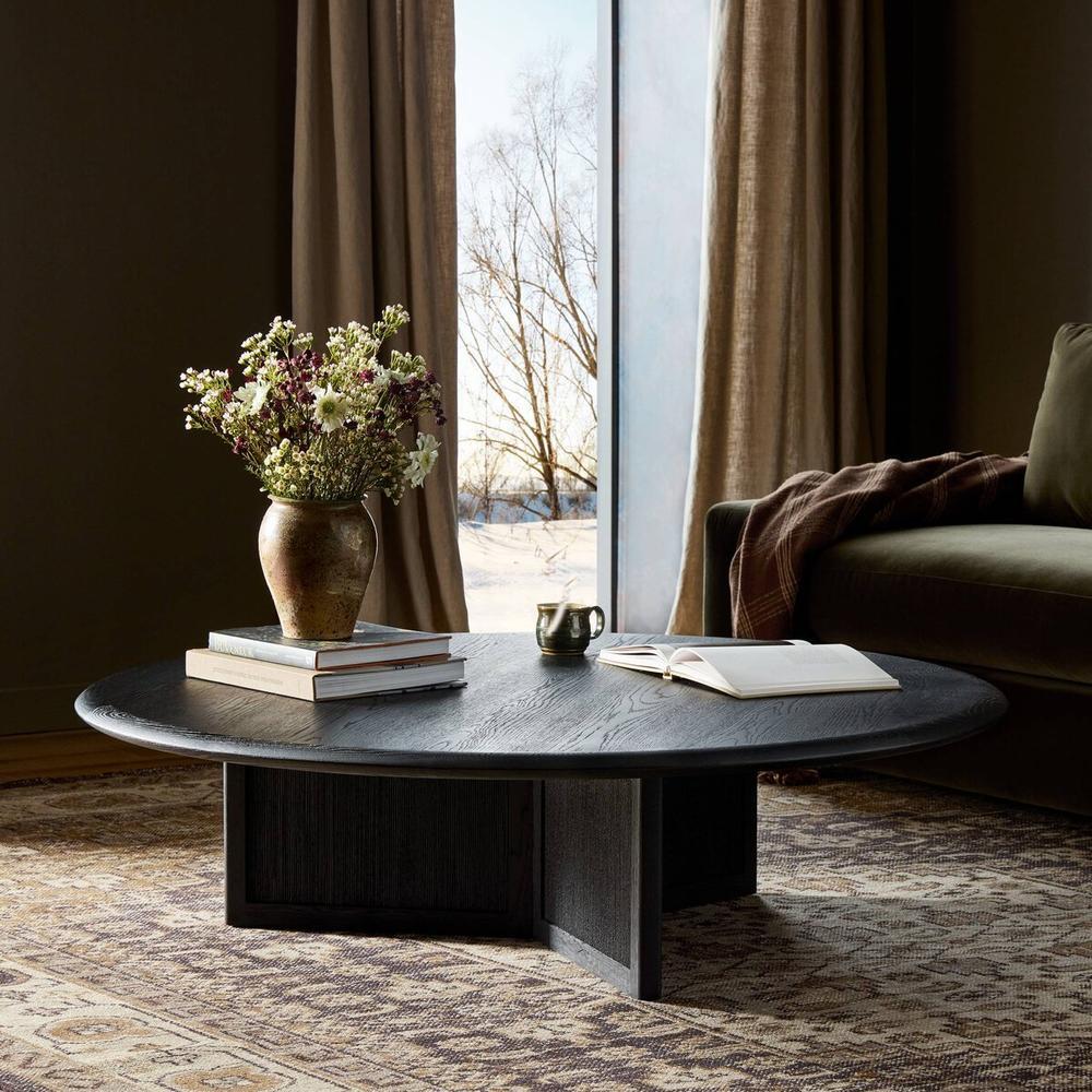 Coffee Tables Rosenell Round Coffee Table: Black Oak Veneer - Black Oak Solid - Black Paper Cord