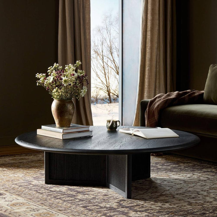 Coffee Tables Rosenell Round Coffee Table: Black Oak Veneer - Black Oak Solid - Black Paper Cord