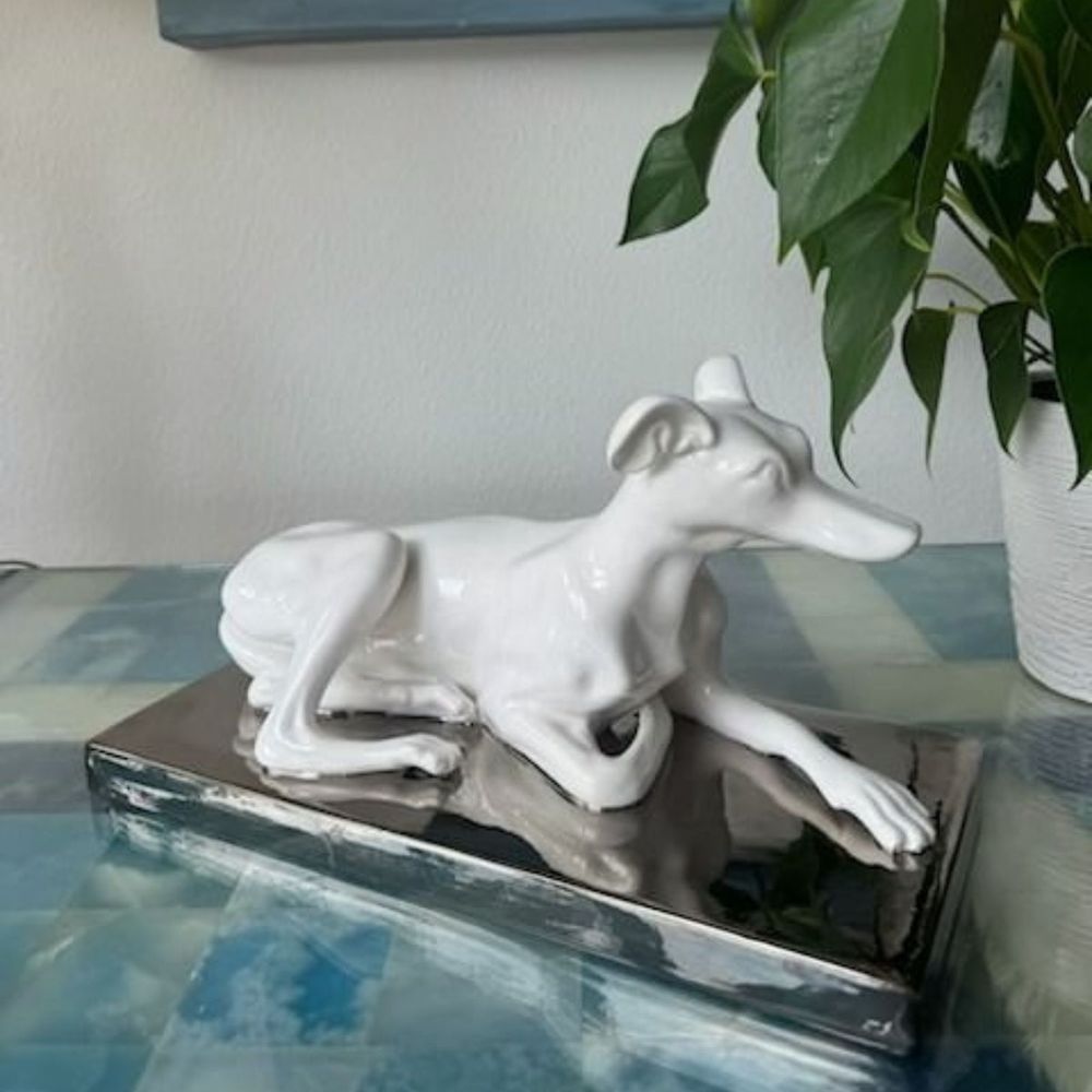 Decorative Objects Laying Ceramic Dog on Platinum Base