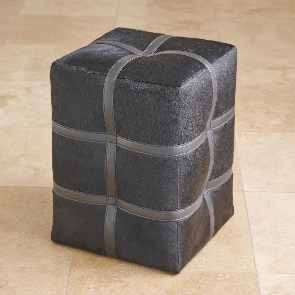 Poufs Belted Poof-Black Hair on Hide Leather