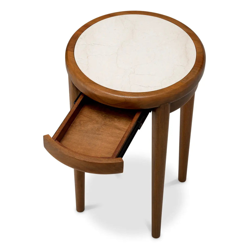 Side Table Hensley Round Mahogany Wood Caramel Finish Beige Marble - image 2