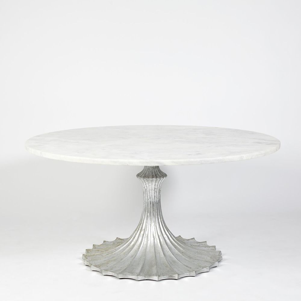Dining Tables Flute Table 60 White Marble Top w/34 Silver Leaf Base