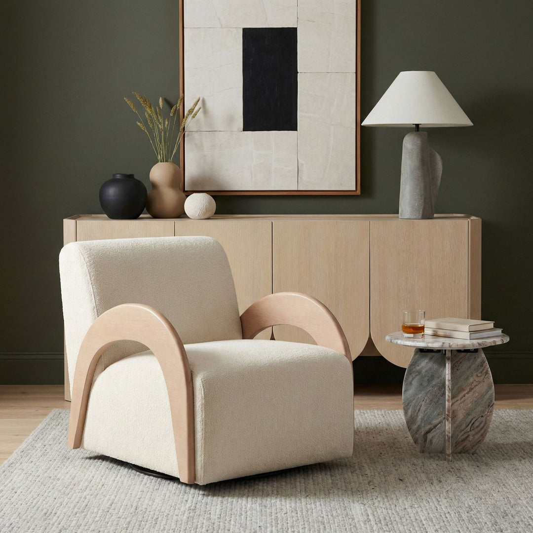 Neria Chenille Fabric Upholstered Swivel Accent Chair — Cream / Painted Natural
