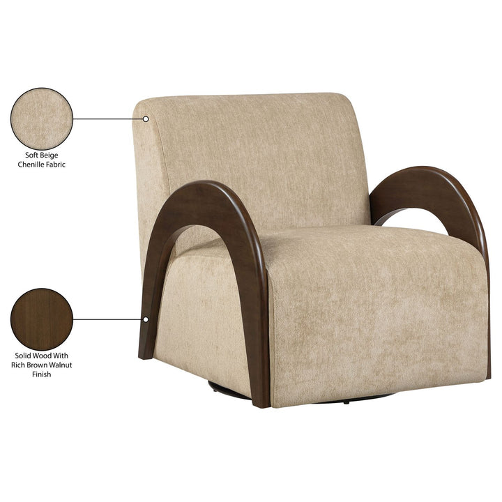 Neria Chenille Fabric Upholstered Swivel Accent Chair — Beige / Painted Brown