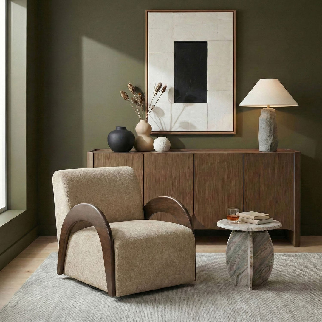Neria Chenille Fabric Upholstered Swivel Accent Chair — Beige / Painted Brown