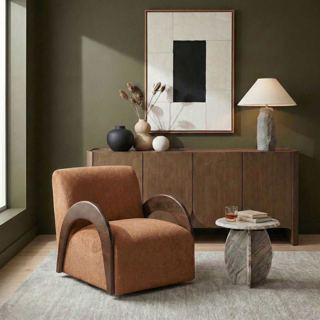 Neria Chenille Fabric Upholstered Swivel Accent Chair — Cognac / Painted Brown