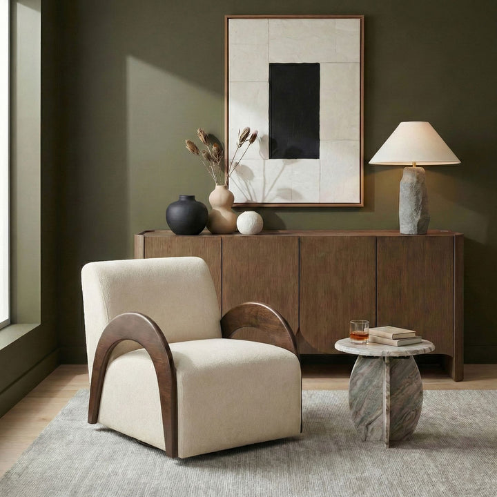 Neria Chenille Fabric Upholstered Swivel Accent Chair — Cream / Painted Brown