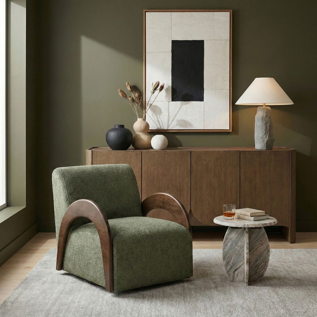 Neria Chenille Fabric Upholstered Swivel Accent Chair — Green / Painted Brown