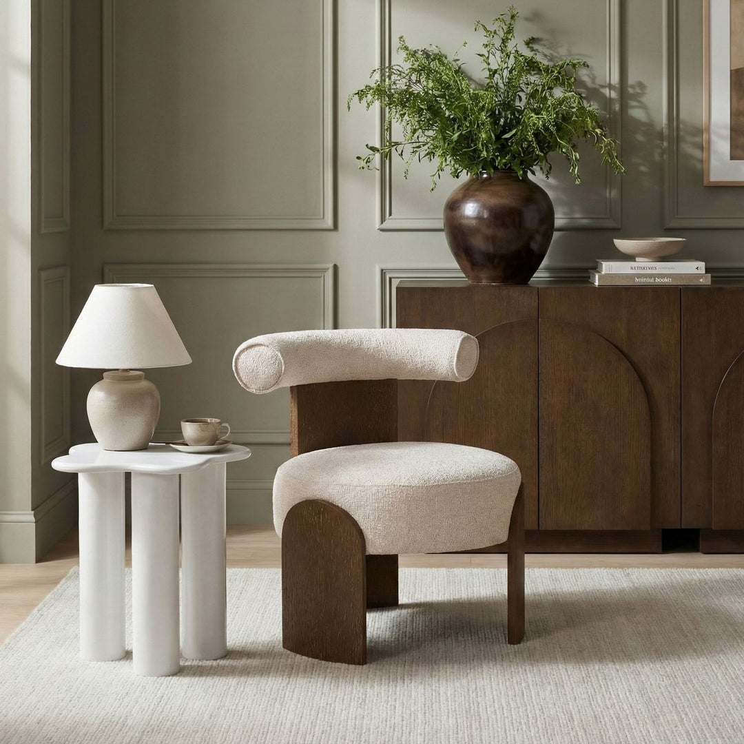Calder Linen Textured Fabric Upholstered Accent Chair — Beige / Painted Brown