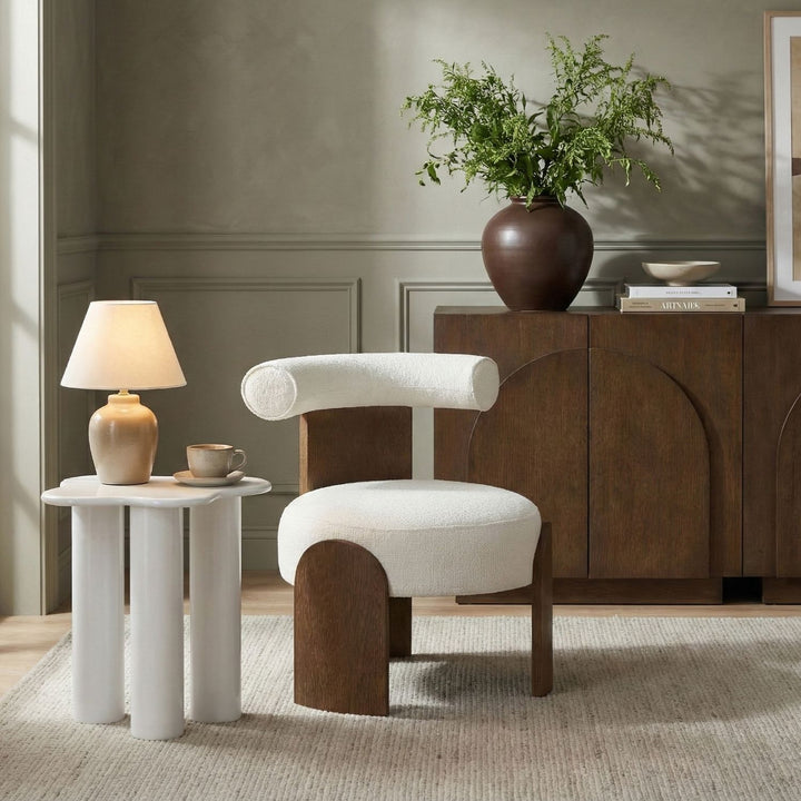 Calder Linen Textured Fabric Upholstered Accent Chair — Cream / Painted Brown