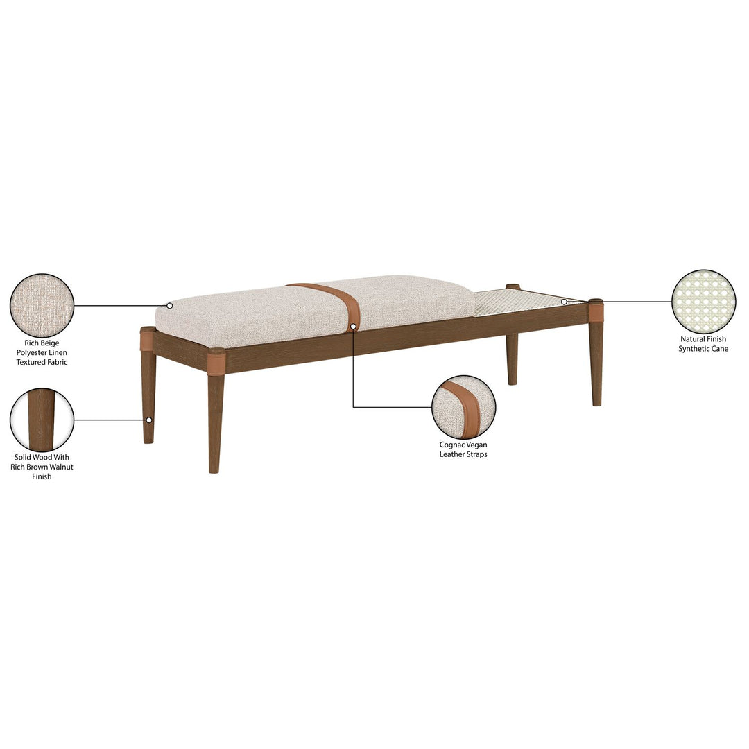 Nara Cane And Linen Textured Fabric Upholstered Bench — Beige / Painted Brown Walnut