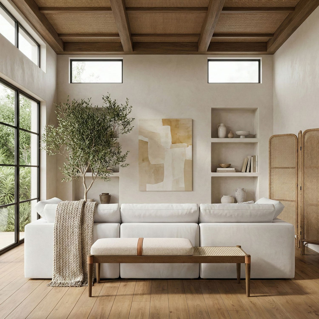 Nara Cane And Linen Textured Fabric Upholstered Bench — Beige / Painted Brown Walnut