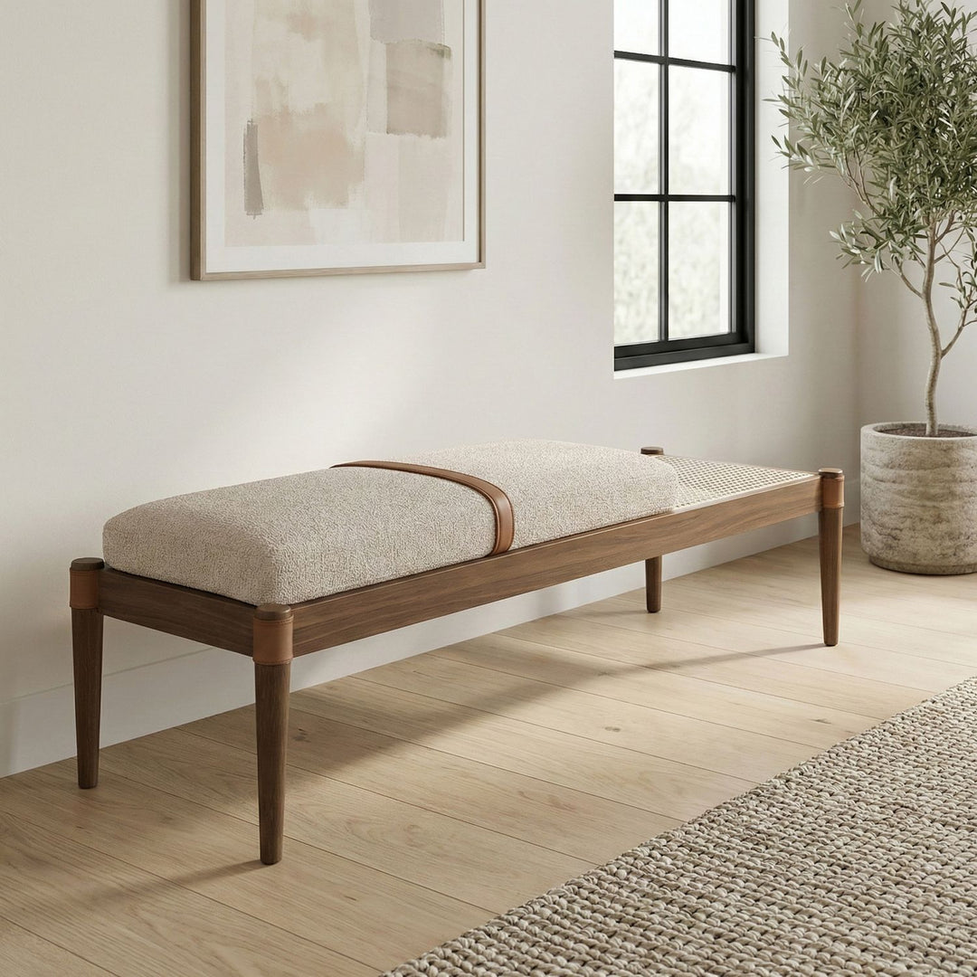 Nara Cane And Linen Textured Fabric Upholstered Bench — Beige / Painted Brown Walnut