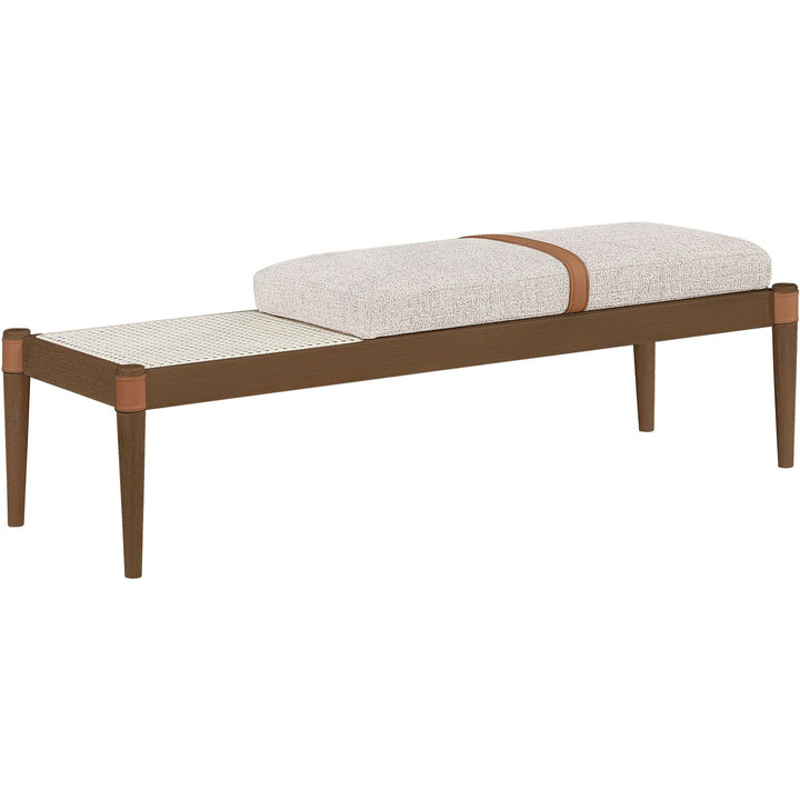 Nara Cane And Linen Textured Fabric Upholstered Bench — Beige / Painted Brown Walnut