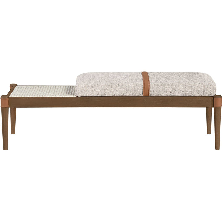 Nara Cane And Linen Textured Fabric Upholstered Bench — Beige / Painted Brown Walnut