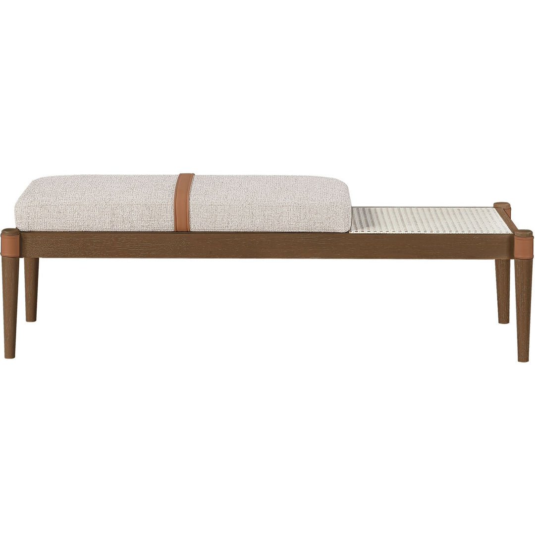 Nara Cane And Linen Textured Fabric Upholstered Bench — Beige / Painted Brown Walnut