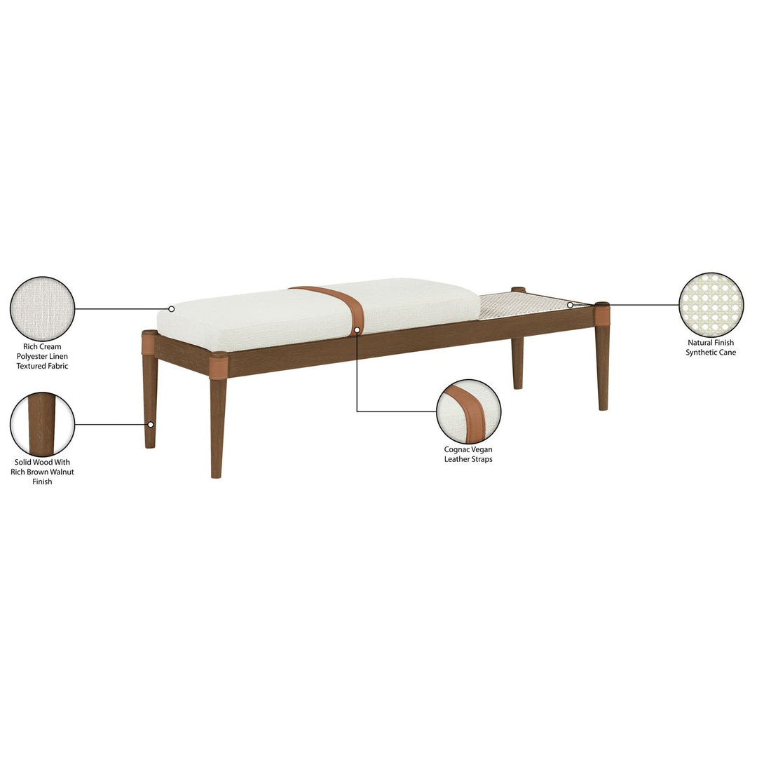 Nara Cane And Linen Textured Fabric Upholstered Bench — Cream / Painted Brown Walnut