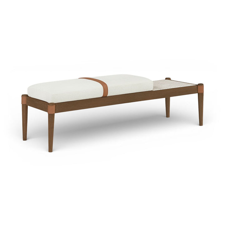 Nara Cane And Linen Textured Fabric Upholstered Bench — Cream / Painted Brown Walnut