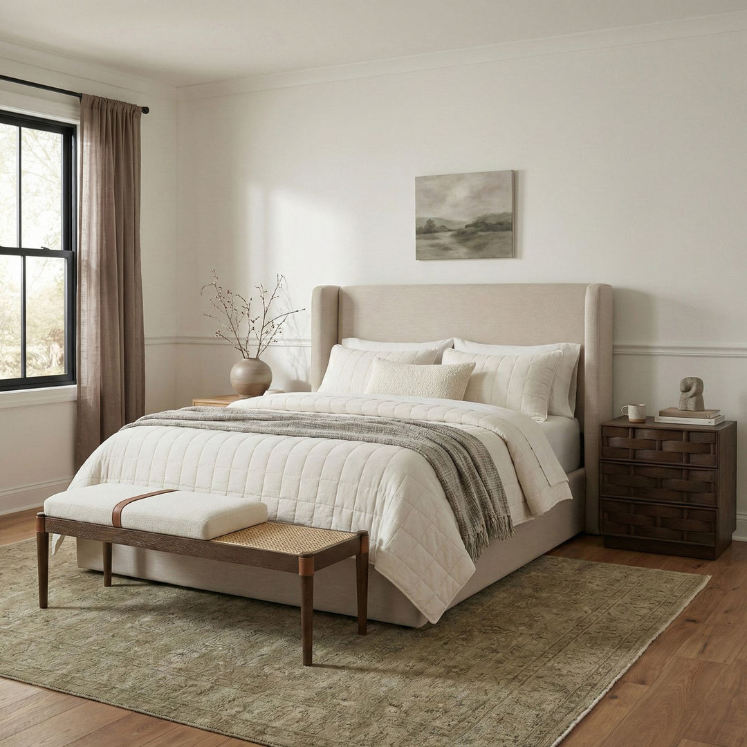 Nara Cane And Linen Textured Fabric Upholstered Bench — Cream / Painted Brown Walnut