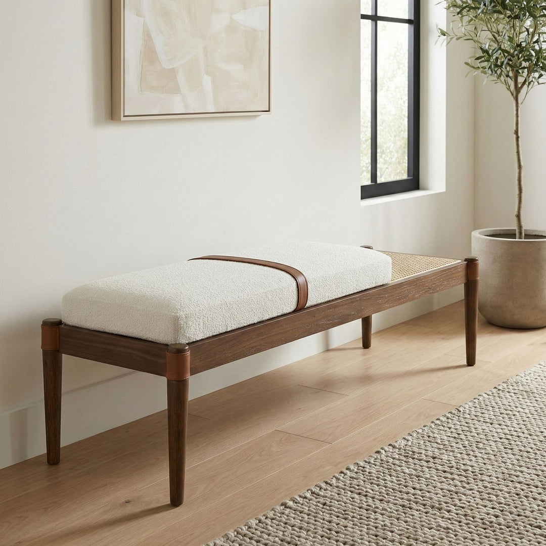 Nara Cane And Linen Textured Fabric Upholstered Bench — Cream / Painted Brown Walnut