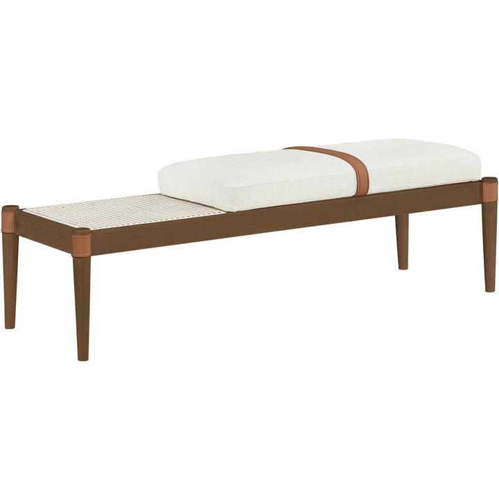 Nara Cane And Linen Textured Fabric Upholstered Bench — Cream / Painted Brown Walnut