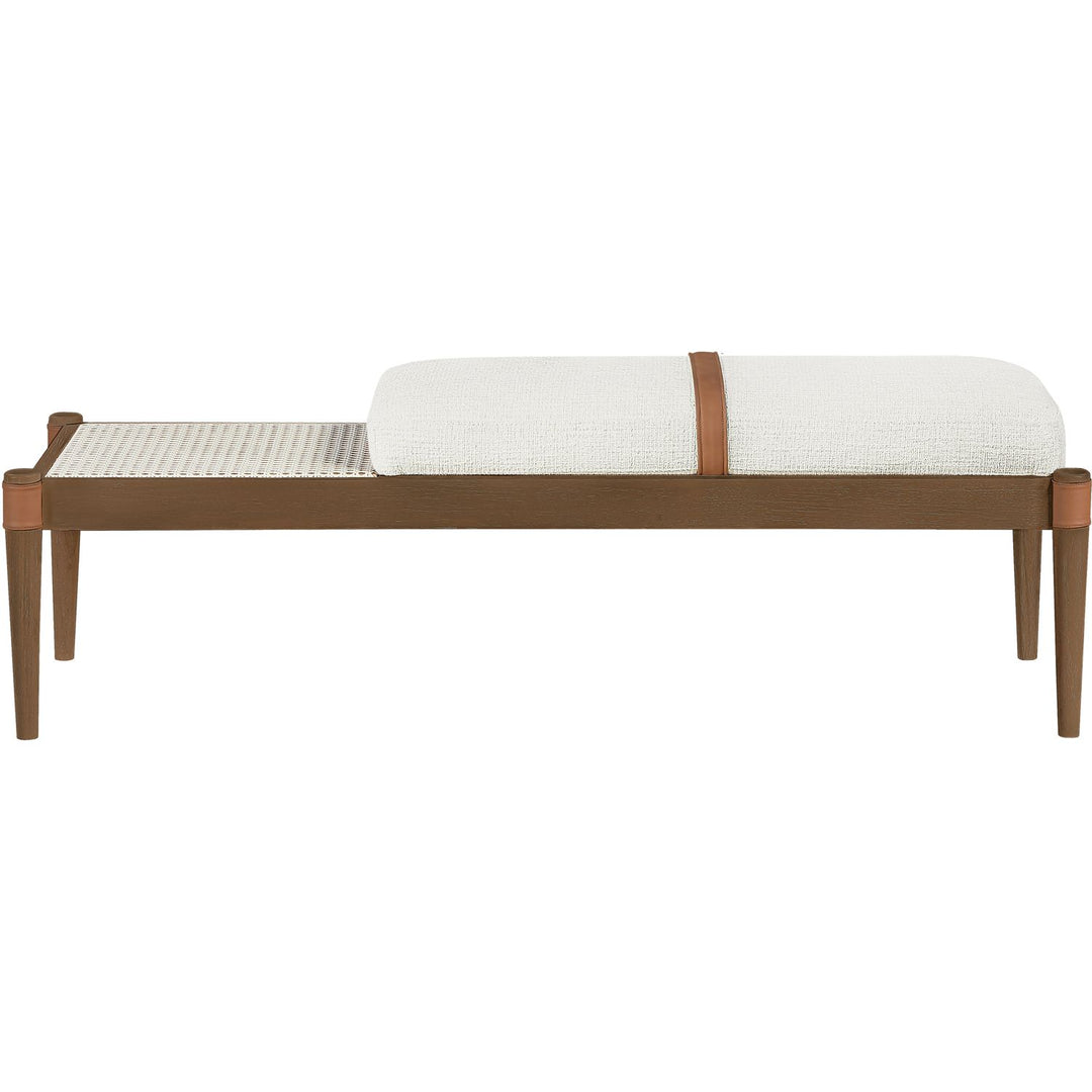 Nara Cane And Linen Textured Fabric Upholstered Bench — Cream / Painted Brown Walnut