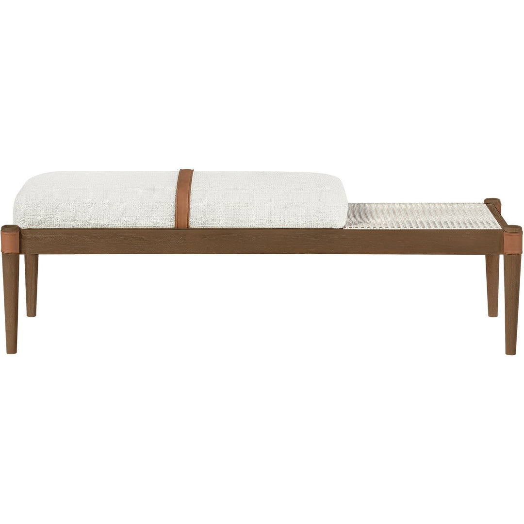 Nara Cane And Linen Textured Fabric Upholstered Bench — Cream / Painted Brown Walnut