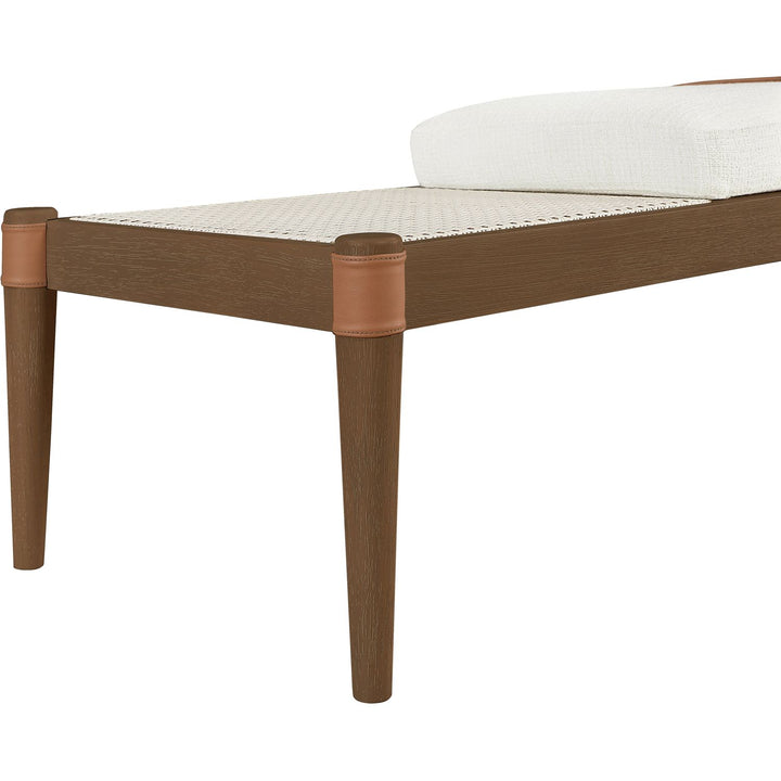 Nara Cane And Linen Textured Fabric Upholstered Bench — Cream / Painted Brown Walnut