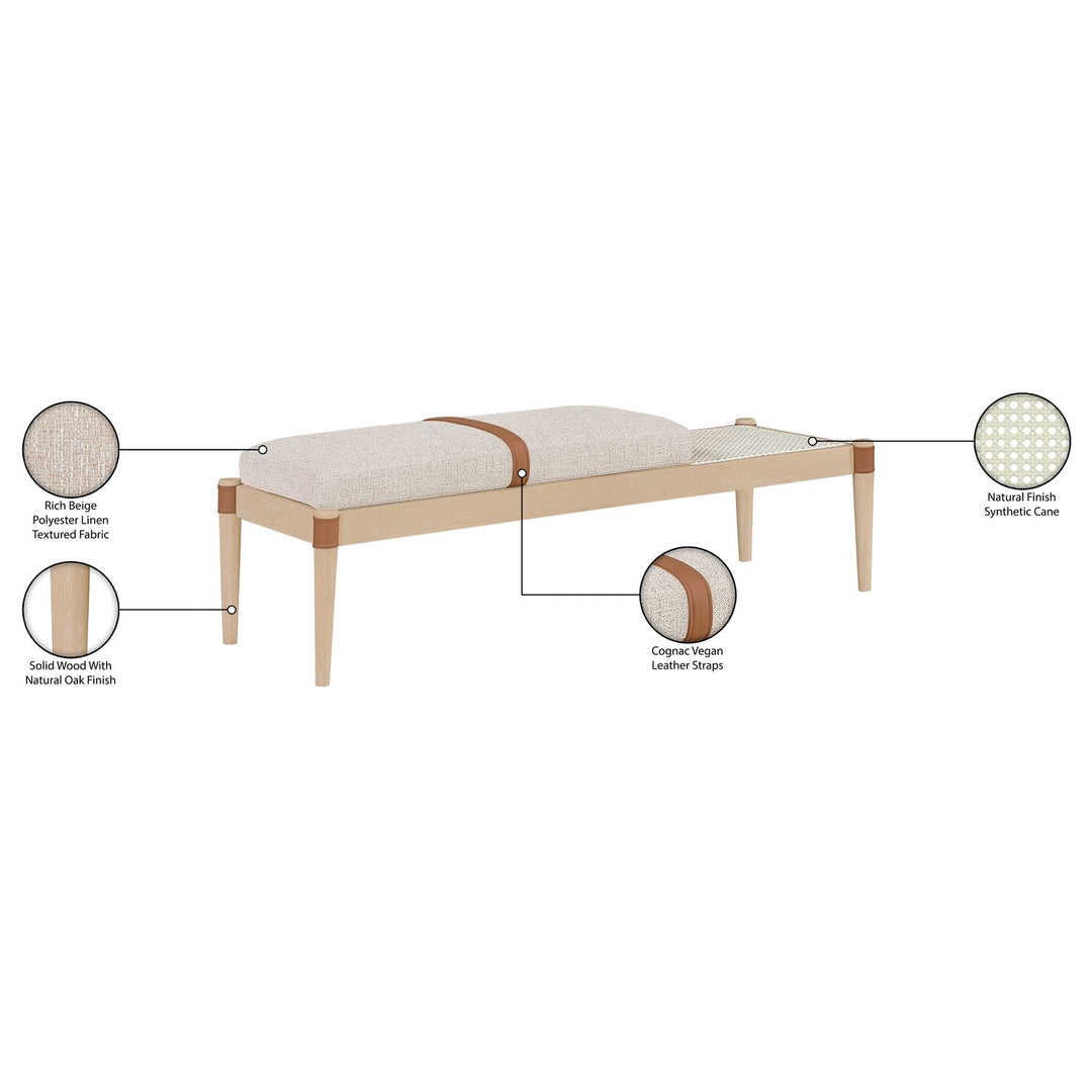 Nara Cane And Linen Textured Fabric Upholstered Bench — Beige / Painted Natural