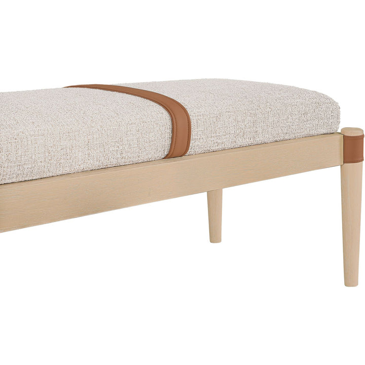 Nara Cane And Linen Textured Fabric Upholstered Bench — Beige / Painted Natural