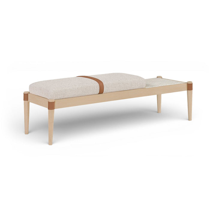 Nara Cane And Linen Textured Fabric Upholstered Bench — Beige / Painted Natural