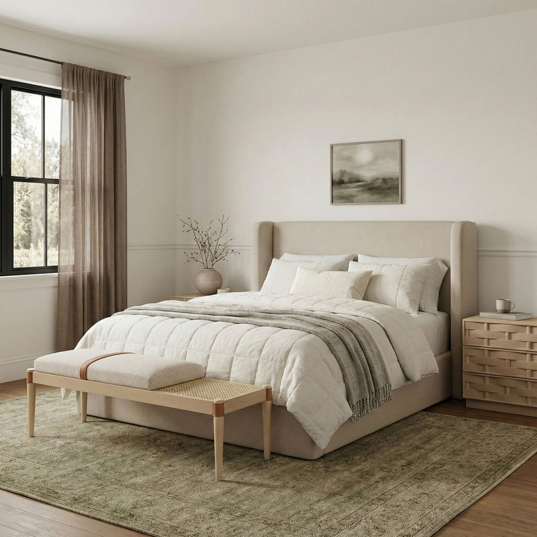 Nara Cane And Linen Textured Fabric Upholstered Bench — Beige / Painted Natural