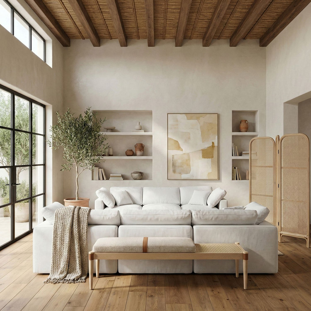 Nara Cane And Linen Textured Fabric Upholstered Bench — Beige / Painted Natural